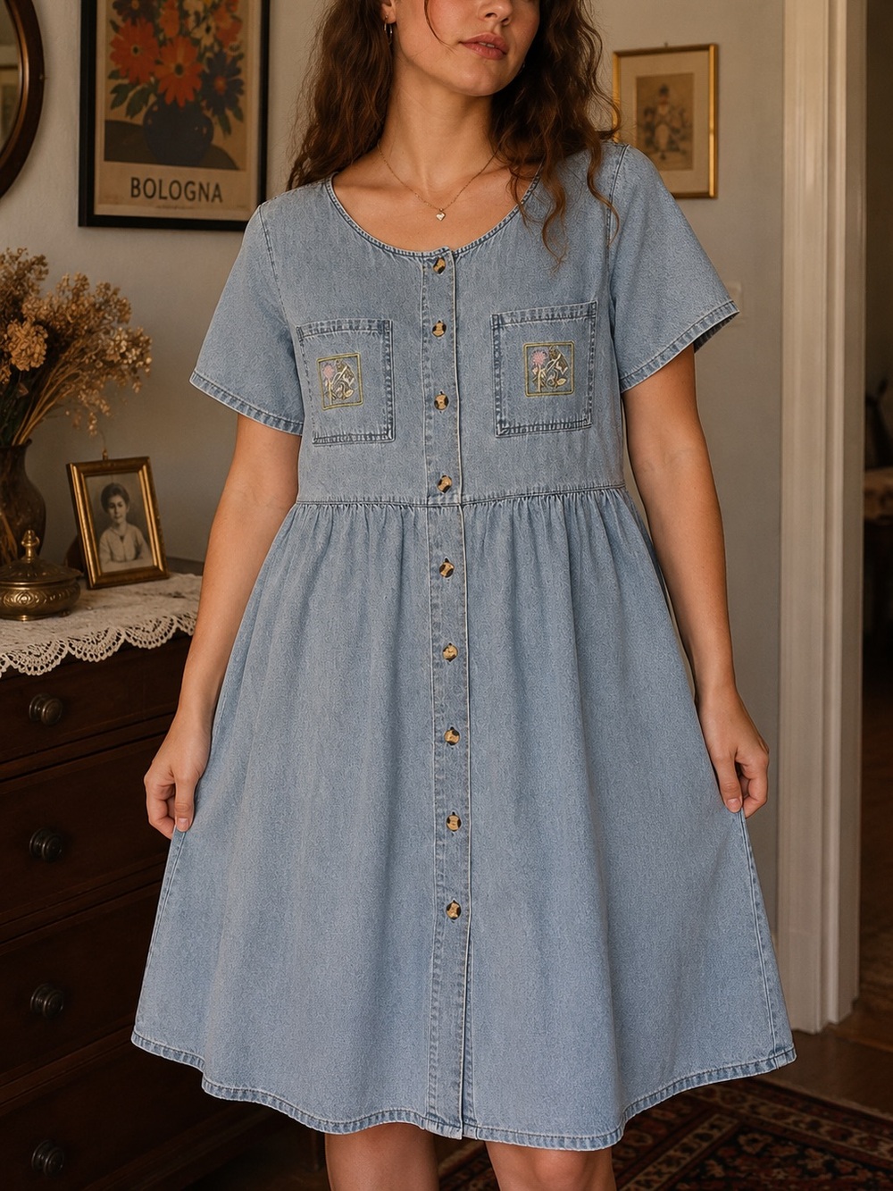 VINTAGE Fundamentals Blue Denim Button Front Embroidered Midi Dress Pockets L